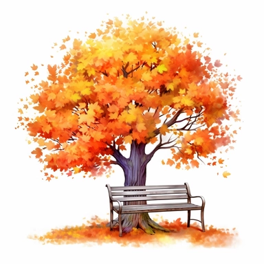 Autumn tree by the bench, in the style of digital airbrushing, pattern - based painting, storybook illustrations, hd, ps1 graphics, soft shading, accurate and detailed, style by Lucy Fleming, watercolor, smooth gradients, black contour outline, ultra detailed, clipart elements, delicate pastel colors, solid white background, super clear, high quality