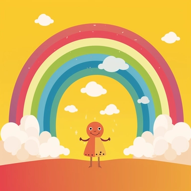 Imagine a delightful Mid Journey AI prompt featuring a clipart drawing of a symmetrical rainbow, standing independently against a blank background, separate from any sky. The rainbow should exude vibrant colors and a perfectly arched shape, radiating joy and wonder. Surround the rainbow with fluffy clouds, adding a touch of whimsy to the scene. The clouds should have a simple and friendly appearance, with soft edges and a cheerful presence. Incorporate the element of childlike excitement by depi