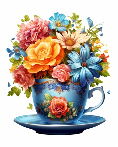 Vintage Flowers Tea Cup and Pot 3d sublimation Clipart, blue-green cup, shine a little, colorful Flower, Retro Flower, Rainbow Color, highly detailed, white background 8k