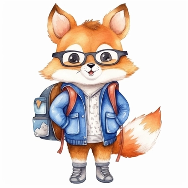 A cute adorable Fox go to school,clipart, wearing a backpack , Watercolor clipart in the style of nursery art children book character, hand drawn,single object,png transparent, white background for removing background - - no text shadow font watermark