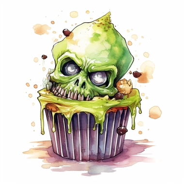 delicious halloween cupcake with brains, eyeballs and teeth, watercolour illustration clipart, extremely Frankenstein detailed, 4k, high quality, colour scheme black, lime green, , isolated on white background - <@1098423716465102849> (relaxed)