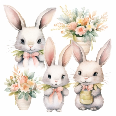 A heartwarming and enchanting collection of watercolor bunny holding flowers clipart, featuring adorable hand-painted bunnies lovingly cradling bouquets of lush flowers. Each bunny is rendered in soft, natural hues that showcase their delightful expressio