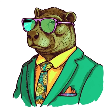a clipart image of a capivara with no background, like hand drawn with skin texture in the style of the Bored Ape Yacht Club (BAYC), expressive facial features, and be dressed in a elegant suit, sunglasses, gold necklace ande earrings, using green tied moicano. Apply pastel colors to the capivara's skin, incorporating intriguing patterns such as spots or stripes. without any background