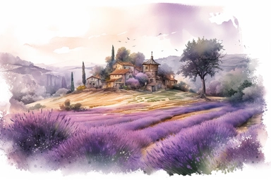 illustration watercolor art of cute lavender, provence, meadow, village, small and colorful particles, France, masterpiece by Jean-Baptiste Monge style and by Vladimir Kush style and by Hans Zatzka style, rococo style, PNG clipart, isolated on white, extreme photorealistic details, 32k HD resolution, realistic high detailization high resolution