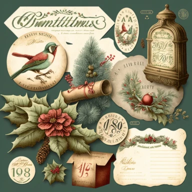 die-cut christmas clipart vintage ephemera, photorealistic drawing, NO: [“watermark, signature, write, number, word”]