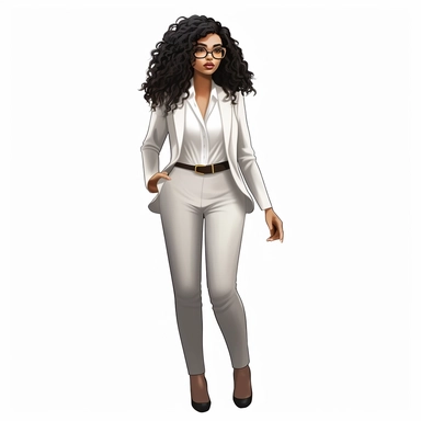 full body gorgeous brown skin female with long black curly hair, with glasses, wearing a white business suit, on a white background, clipart