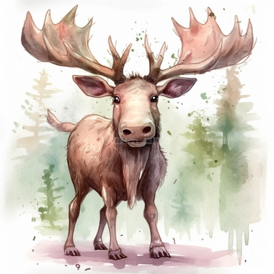Cute moose in its natural state clipart ,happy expression, shaggy deep shade of brown fur, has broad and imposing textured antlers,standing in dynamic pose,front view, in the style of watercolor cartoon clipart, kate greenaway style, high resolution, composition free space, pastel color scheme, soft and tender, watercolour clipart, watercolor illlustration for kids and children,isolated white background, clipart most popular on etsy, book illustration, featured on dribble,print on demand image, 