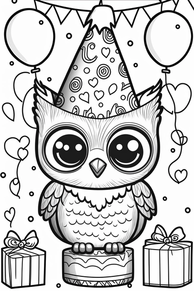 a cute and happy owl's birthday, black and white clipart for a kids coloring page, thin black lines, simple details, accurate features, illustration style