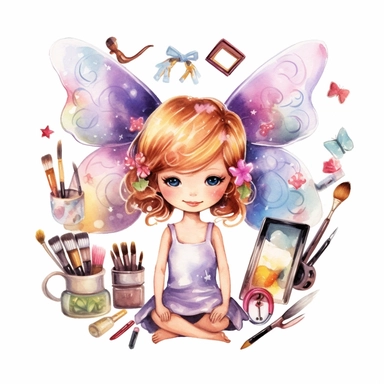 cute fairy girl hairdresser, hair salon, hairdryer, scissors, comb, mirror, watercolour Clipart white background