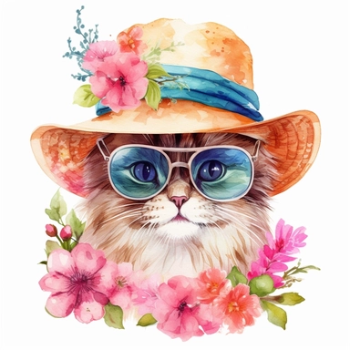 clip art , cute cat in a summer hat and sunglasses ,no flowers, watercolor , no background