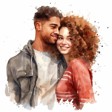 A portrait of a young couple in love, woman with brown curly hair and red lipstick, man afroamerican, watercolor style, clipart, white background