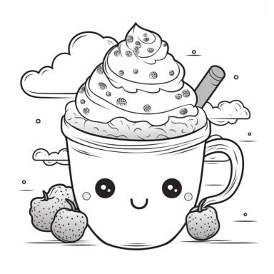 kawaii icon hot chocolate with whip cream and cookie and cherry clipart coloring page black line white background