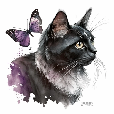whimsigoth witchy watercolour clipart of a cat with black and white fur with a butterfly on the cat's nose