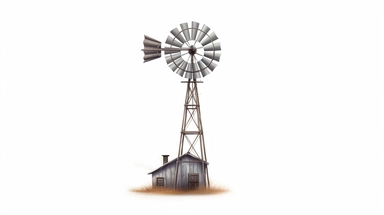 Envision a classic western windmill, standing alone against a stark white background. The windmill is a symbol of the old west, with its wooden structure and spinning blades. The medium is a clipart style, with clean lines and a minimalist aesthetic. The style is reminiscent of vintage western illustrations, with a focus on the iconic silhouette of the windmill. The lighting is neutral, with the white background providing a stark contrast to the dark outline of the windmill. The colors are monoc