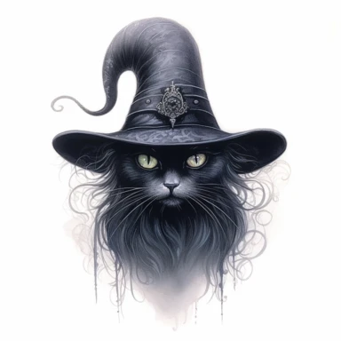 gothic style, witch's black cat with a witch's hat, hyper-realistic painting, magical, fantasy, wicked, mystical, intricate details, clipart, white background
