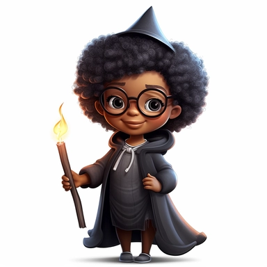 cute semi-realistic 3d black girl wizard clipart, isolated on white background
