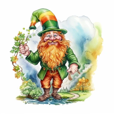Storybook style Leprechaun from Kelt mythology with watercolor effect,Green Dressed,Red bearded,Ireland scene,Rainbow Landscape,Suitable for digital clipart,White background,Full body ,vibrant colors