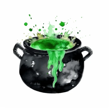 witch cauldron in black with green ooze, watercolor png clipart on a white background