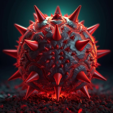 A highly detailed 3D rendering of a virus with a sinister look, emitting a faint red glow in a dark background. The style is scientific and technical, conveying a sense of precision and accuracy. The mood is ominous and threatening, hinting at the potential danger that the virus poses. The lighting style is sharp and focused, highlighting the contours of the virus and its intricate structure. Created by Dr. X, Clipart graphic, sticker, vector, svg, solid white background