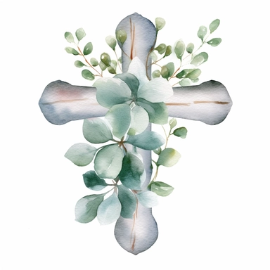 watercolor cross clip art with eucalyptus around it on white background