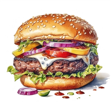 very detailed clipart of a delicious cheeseburger, surrounded by white background, wide shot, very detailed, watercolor illustration, white background, cinematic, high quality, 32 k,