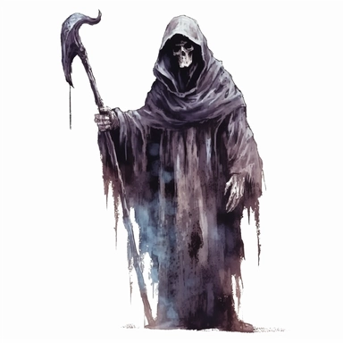 mystical dark scary watecolor halloween horror cartoon grim reaper clipart, hd 4k, detailed, focused, isolated on white background