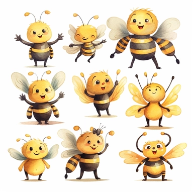 A delightful and lively set of watercolor clipart showcasing cartoon-style baby bees designed specifically for a nursery. The artist masterfully illustrates the bees' cute features, fuzzy bodies, and cheery expressions using a fluid, cartoon-like style in the watercolor medium. The bees are painted in warm yellows and gentle blacks, perfectly capturing their iconic look and playful demeanor. These captivating clipart elements are ideal for adding a touch of whimsy and joy to various design proje