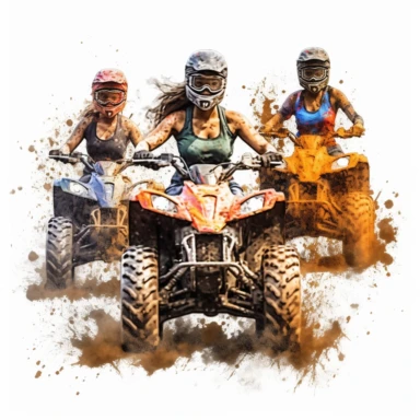 4k clipart of a group of pretty black ladies riding 4 wheelers with orange and blue mud splashing from tires, white background--ar 16:9
