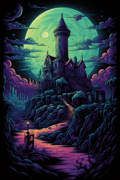 render a work of art, dan mumford style enhanced, colors, oneiric, Corky Dog, Corky above the clouds, intricate detail, surrealism, oil painting, angelic, ecstatic, aged, ethereal, impossible, otherworldly, surface detail, global illumination, beautiful color gradation, pastel colors, night, nocturnal, no bad image, cartoon, game style, text, glitch, clipped, jpeg artifacts, blurry, thick, elongated, curved, dry, crooked, uniform proportions.