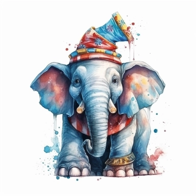 watercolor art of circus elephant with a smile, in the style of realistic and hyper-detailed renderings, sketchfab, ahmed morsi, realistic watercolor paintings, use of common materials, handcrafted designs, with white background clipart