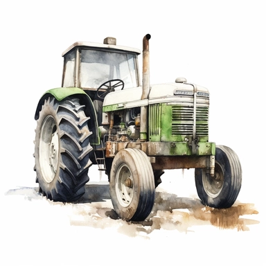 close up realistic watercolor drawing of a vintage green tractor on a new zealand sheep farm, on a white background where the background will be removed to repurpose as a clipart.