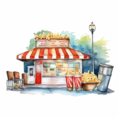 A nostalgic drive-in theater snack bar with popcorn, nachos, and soda, clipart, watercolor, white background, american style