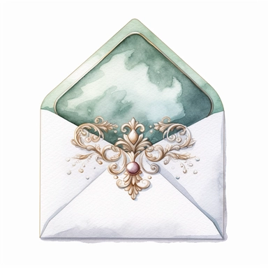 watercolor clip art of white envelope with seal, in the style of simplistic realistic watercolor illustration, ornate calligraphy, precisionist, arabesque/scroll, elegant style, hd clipart, on clean white background, spaced out