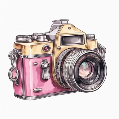 Cute Beautiful Pink Camera Sublimation Clipart ,Cartoon,hyper realistic, intricate detail, illustration style,high solution,on the white background