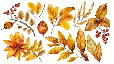 watercolor fall illustration. autumn leaves, sunflower, maple leaf, rowan berries, oak, acorn arragement. thanksgiving clipart
