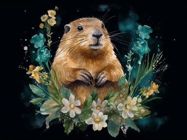 deep emerald gold watercolor Groundhog with flowers plants clipart, golden metallic lines and some glitter, shining colors, dark background, 8k, high resolution