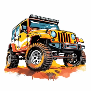 Lifted jeep sublimation clipart, neat, clean, detailed, white background, vibrant and bold colors, neat, clean, vector art