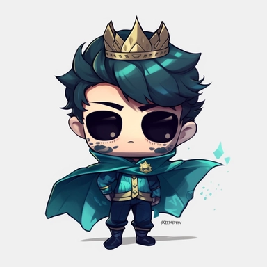 zeeb labs art style boy, super hero, tiny chibi body with teal suit, crown, Mask, smerk, super long cape, clipart, sticker, no background, hd