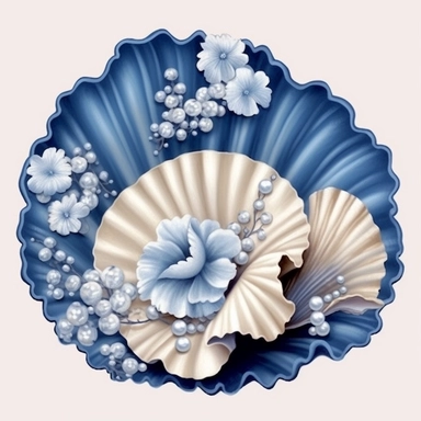 vintage blue clam with a pretty white pearl clipart, HD, decorated with white and blue flowers,