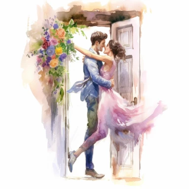 handsome GROOM, carrying his bride across a threshold adorned with flowers, entering their new life together, watercolor, Pixar style, Clipart on a white background