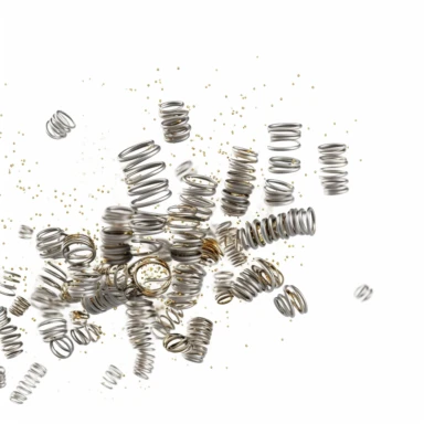 tiny metal springs flying through the air, white background, clipart