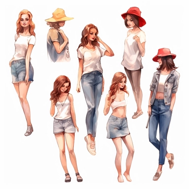 watercolor, women with various facial expressions with gestures monochrome png Full body realistic cartoon in 32K UHD cute. 15 cm thick outline. Black color. There was no shadow on the ground. 8k with realistic watercolors and detailed illustrations. PNG clipart, transparent white background