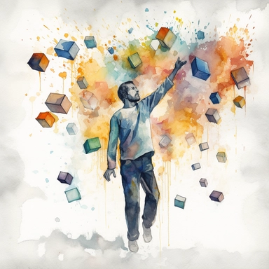 A standing person empowered by many cube-shaped artifacts that are in the air and going towards him, as if they were feeding him the life force. A happy, surprised, watercolour sketch, vivid colors, minimal background scene, without background, with the possibility to cut the main scene as if it were clipart