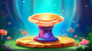 a cartoon illustration of a nature themed pedestal base with decorative trim on a colorful nature background, spotlights pointing at it, clipart, rendering, bokeh, rounded shapes, fairy core