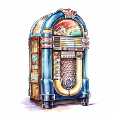 Create a watercolor clipart of a classic jukebox, perfect for retro music designs and vintage diner-themed projects. In HD on a white background.