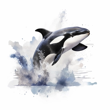 an enchanting watercolor clipart image with a white background, showcasing a majestic killer whale leaping out of icy waters, its sleek black and white body and graceful movements evoking a sense of awe and wonder.