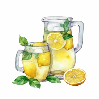 Water color clipart of Lemonade stand and fresh lemon juice in pitcher and glasses, Watercolor Sublimation design, white background for removing background
