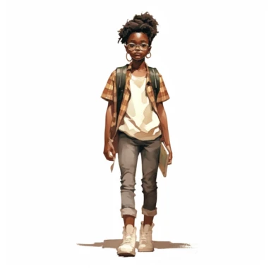 feminine watercolor line artwork clipart illustration of a school kid with a black skin full body in neutral realistic colors, isolated on a white background, spaced out, 4k, hyper realistic