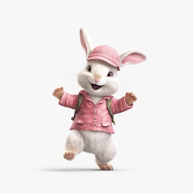 Nursery safari animal, clipart, rabbit, cute, white background, no text, no words, wearing a pink hat, dancing, happy,