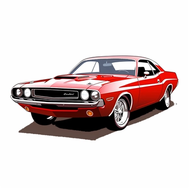 in clipart style, vector image, A meticulously crafted illustration of a 1970 red dodge challenger , highlighting its iconic design and graceful contours, placed against pure white background (style: evoking the accuracy and refinement of classic automobile blueprints) (lighting: deliberate, directional lighting, casting gentle highlights and shadows on the car's structure) (colors: an elegant palette for the car's body set against a pristine, white backdrop) (composition: captured from a side v